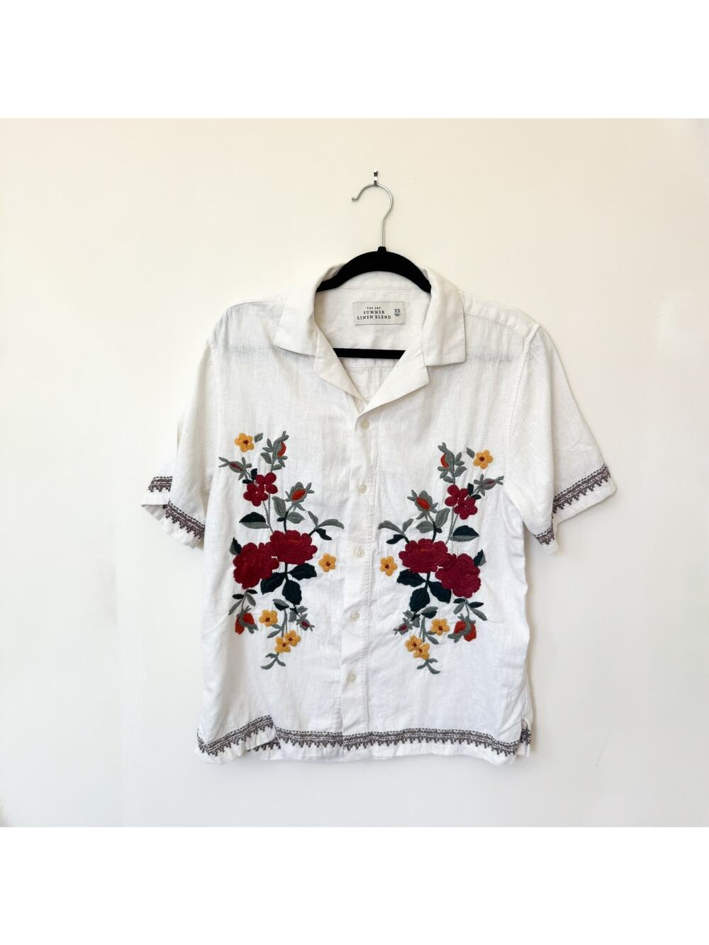 Abercrombie & Fitch Linen Blend Embroidered Floral Button Shirt Mens Size XS
